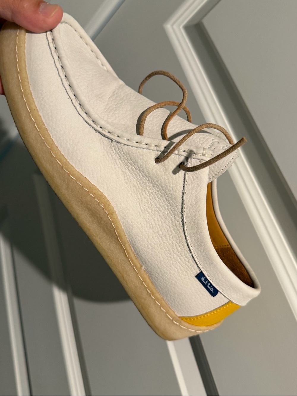 Paul Smith White Leather Casual Lace-Up Shoes with Yellow Heel Tab